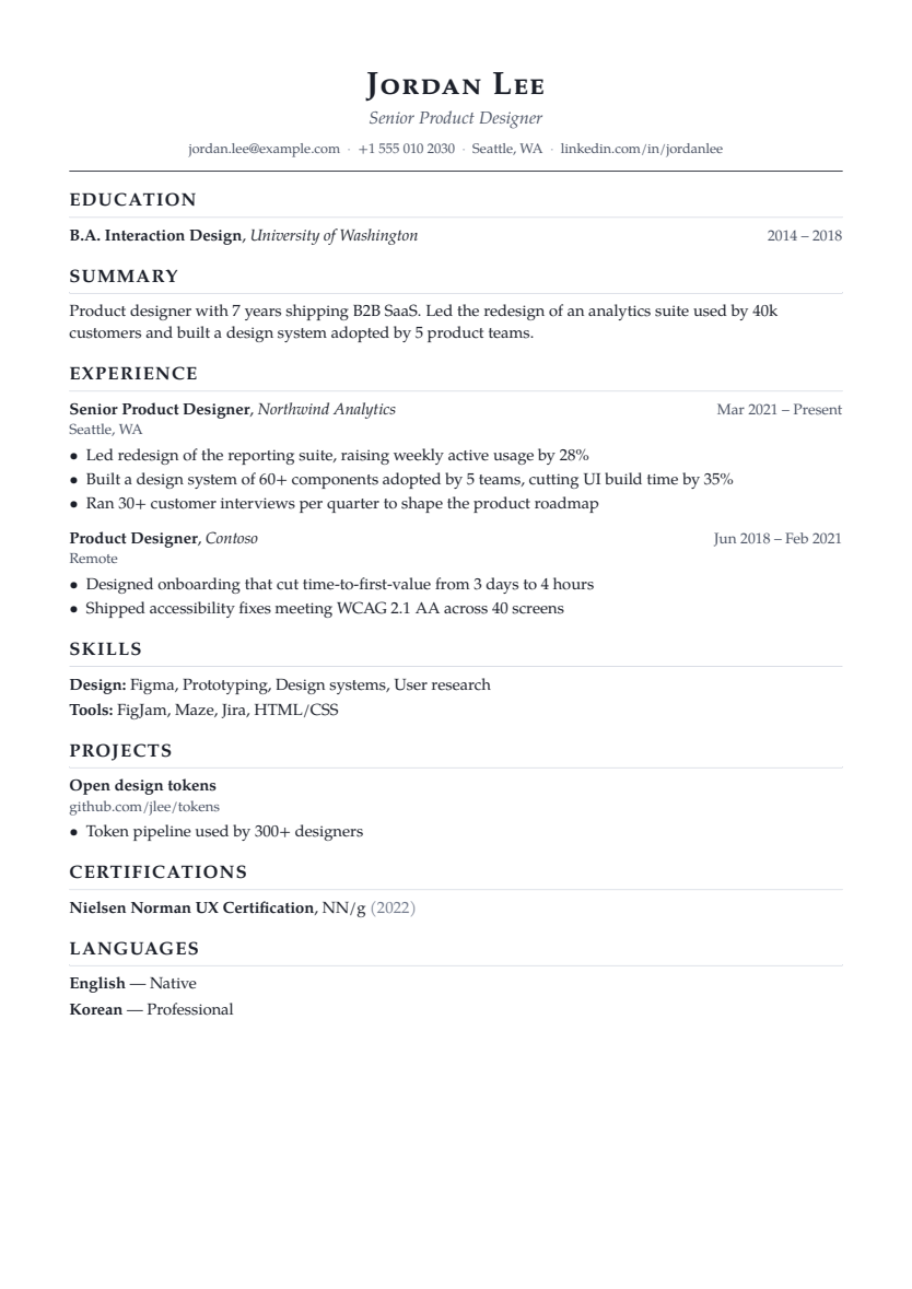 Academic resume template, first page with sample content