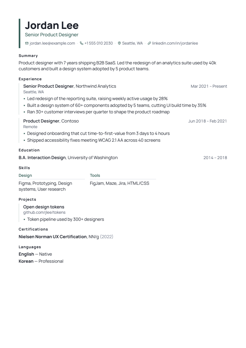 Architect resume template, first page with sample content
