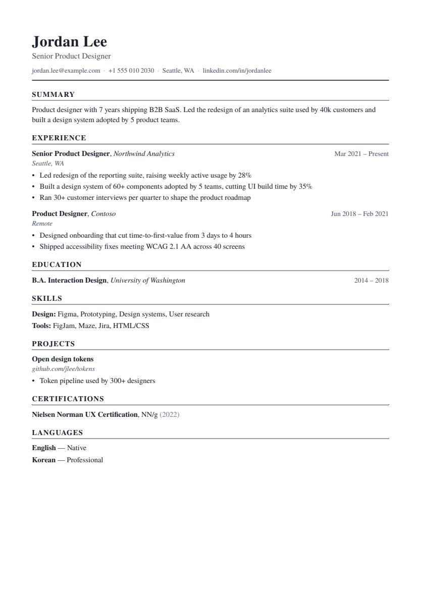 Classic resume template, first page with sample content