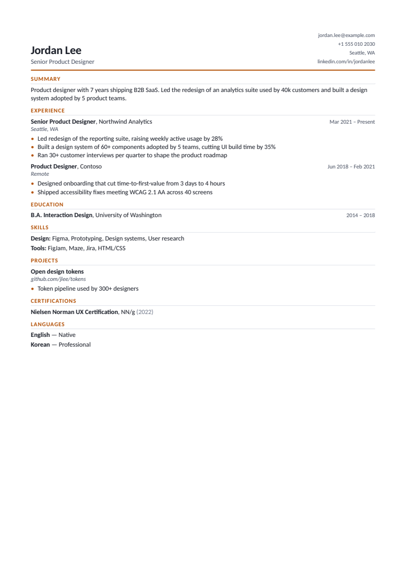 Compact resume template, first page with sample content