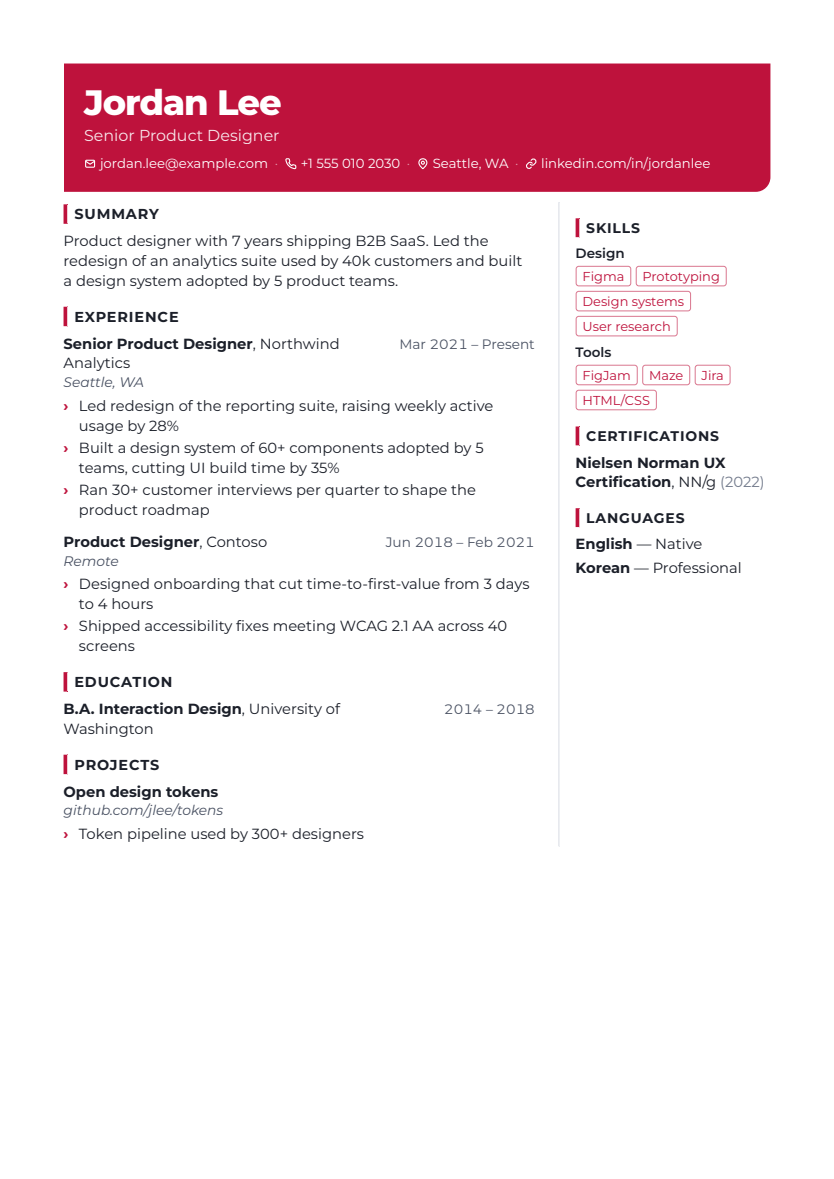 Creative resume template, first page with sample content