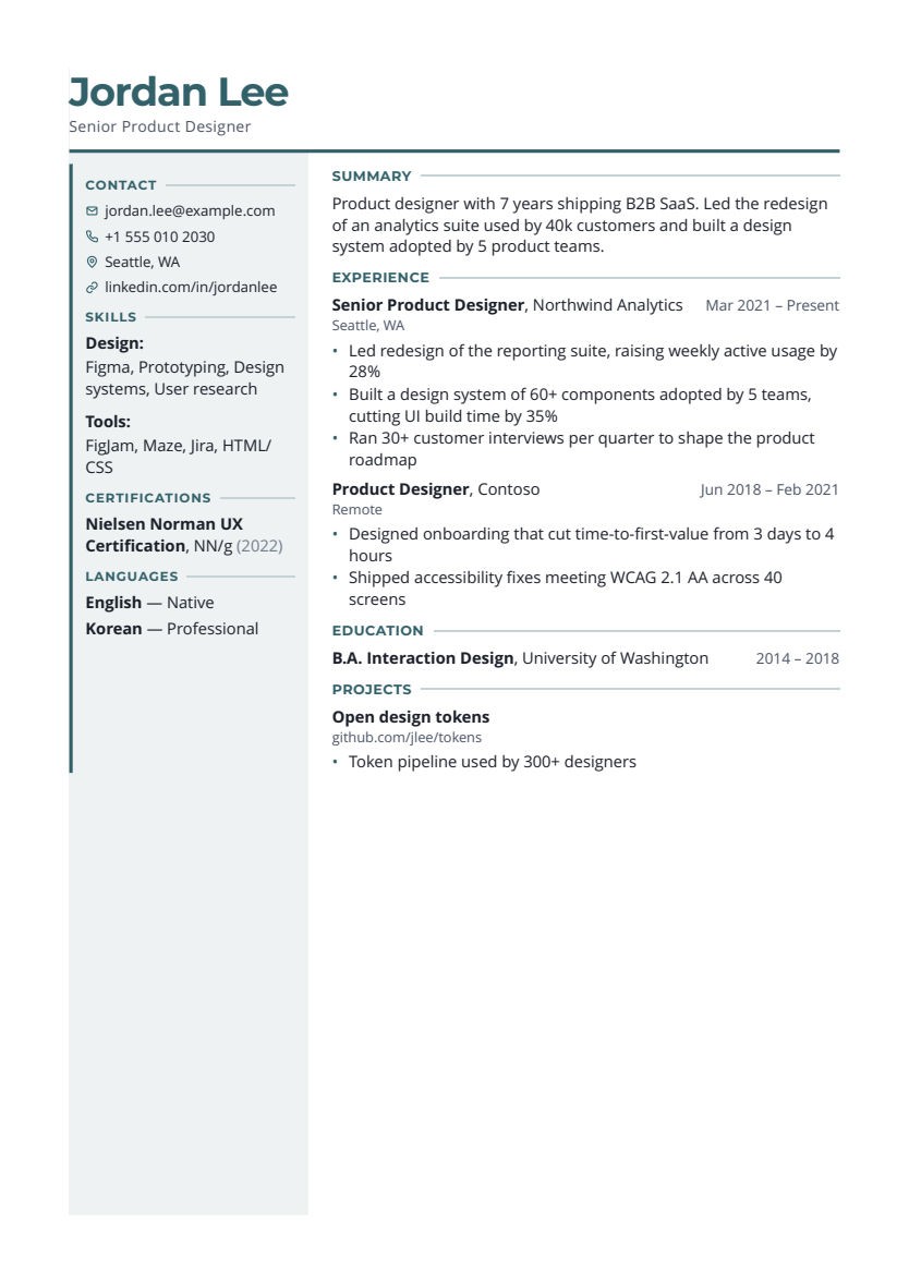 Meridian resume template, first page with sample content