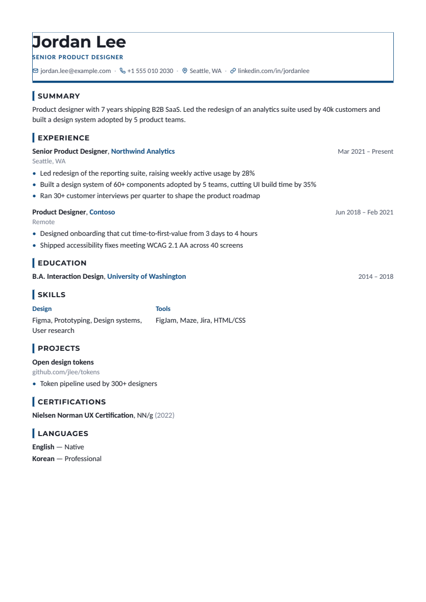 Professional resume template, first page with sample content
