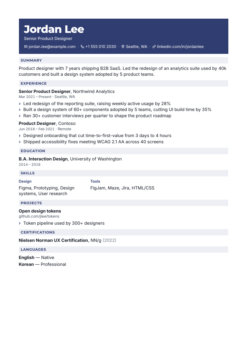 Signal resume template, first page with sample content